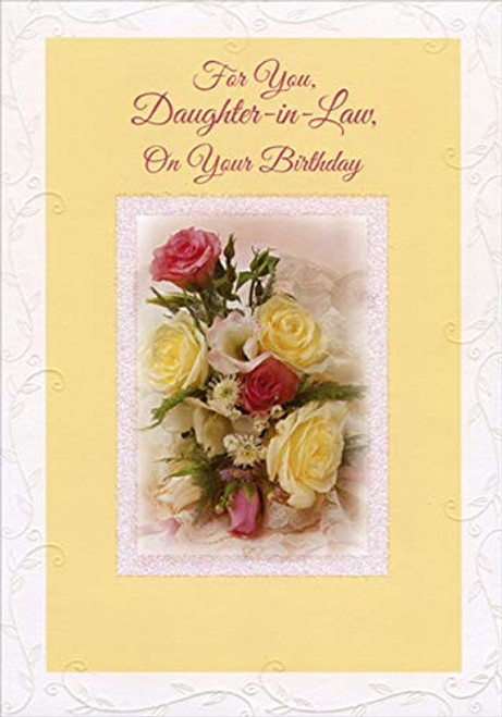Designer Greetings Pink and Yellow Roses with Glitter Frame on Yellow Birthday Card for Daughter-in-Law Designer Greetings Pink and Yellow Roses with Glitter Frame on Yellow Birthday Card for Daughter-in-Law