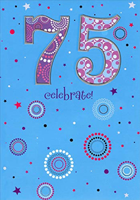 Designer Greetings Circles and Swirls in Die Cut Windows on Blue Age 75 / 75th Birthday Card for Him