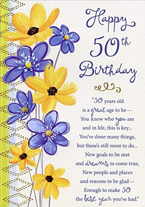 Designer Greetings Puple and Yellow Flowers with Gold Foil Diamond Patterns Age 50 / 50th Birthday Card Designer Greetings Puple and Yellow Flowers with Gold Foil Diamond Patterns Age 50 / 50th Birthday Card
