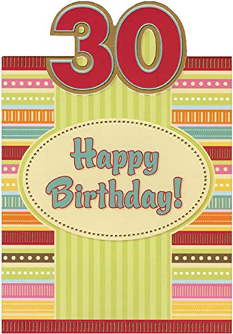 Designer Greetings Green Vertical Lines and Colorful Horizontal Lines Die Cut Top Fold Age 30 / 30th Birthday Card Designer Greetings Green Vertical Lines and Colorful Horizontal Lines Die Cut Top Fold Age 30 / 30th Birthday Card