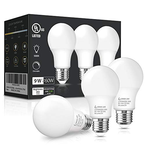 LOHAS A19 LED Bulb 9 Watt 60W Equivalent LED Light Bulbs UL Listed E26 Base Daylight 5000K Lights Dimmable 120V LED 850 Lumen Lamp Energy-efficient Light Bulbs for Bedroom Home Lighting 3 Pack