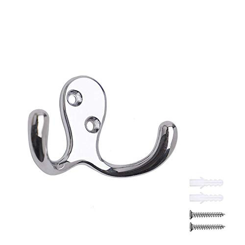 Double Prong Robe Hook Screws Retro Double Robe Hooks Utility Hooks for Coat 5-Pack Chrome