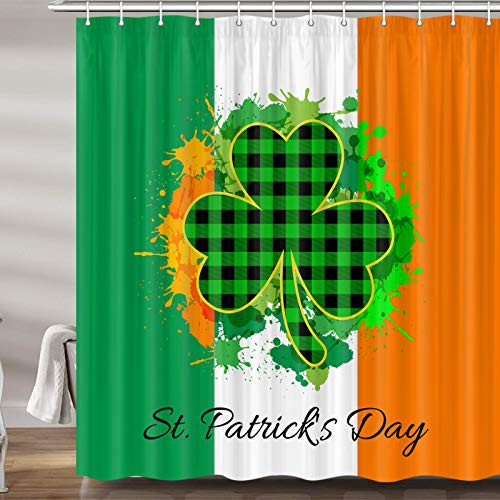 St. Patricks Day Shower Curtain for Bathroom Green Buffalo Check Plaid Shamrock Holiday Fabric Shower Curtains Set Irish Flag Bathroom Accessories Decor Hooks Included -69W X 72H-