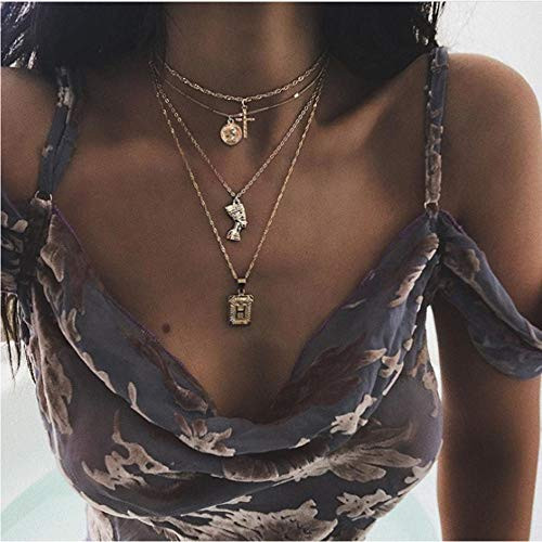 fxmimior 4 Tier Bohemia Layered Necklace Bar Coin Charm Pendant Neckalce Delicate Station Chain Multilayer Dics Bar Choker Necklaces for Women