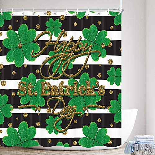 St. Patricks Day Fabric Shower Curtain Irish Green Shamrock Leaves Black and White Stripes Polyester Fabric Waterproof Bath Curtain Bathroom Shower Curtains with Hooks 69X70in