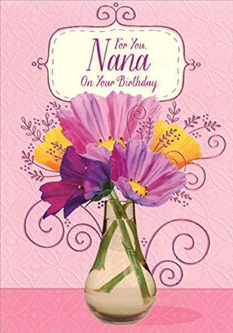 Designer Greetings Purple and Yellow Flowers in Glass Vase and Purple Foil Swirls Birthday Card for Nana Designer Greetings Purple and Yellow Flowers in Glass Vase and Purple Foil Swirls Birthday Card for Nana