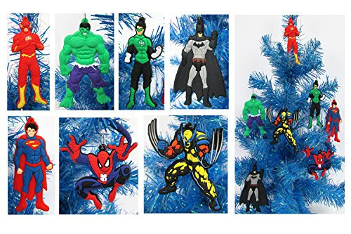 Super Hero 7 Piece Christmas Ornament Set with Flash, Hulk, Green Lantern, Batman, Superman, Spiderman, and Wolverine - Unique Shatterproof Plastic Design by Holiday Ornaments
