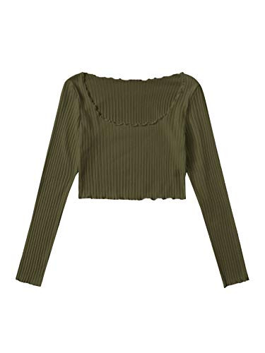 Verdusa Womens Casual Long Sleeve Scoop Neck Rib Knit Crop Tee Top Army Green L