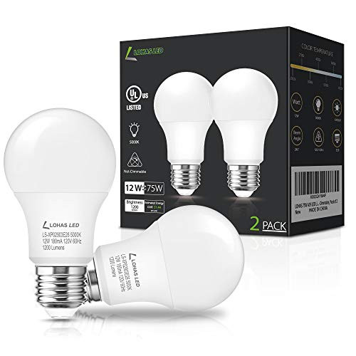 LOHAS LED A19 Light Bulbs 75W Equivalent LED Bulb 12W LED Daylight White 5000K Bright Light 1200 Lumen Energy Efficient 120V LED Light E26 Standard Replacement UL Listed Non-dimmable 2 Pack