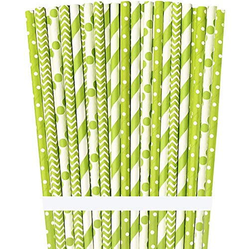 Paper Straws - Lime Green and White - Stripe Chevron Polka Dot - 7.75 Inches - 100 Pack Outside the Box Papers