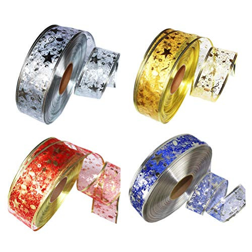 Happyyami 4 Rolls Christmas Ribbons Sparkle Glitter Ribbons DIY Craft Ribbon for Christmas Bows Gift Wrapping Decoration 2m -Red Golden Silver Blue-