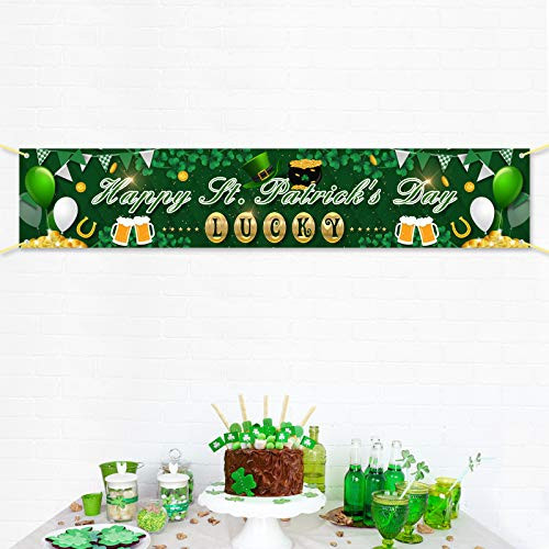MIAHART Happy St. Patricks Day Banner Irish Lucky Shamrock Banner Green Clover Table Runner for St. Patrick Day Decorations 70.8 x 15.7 Inch