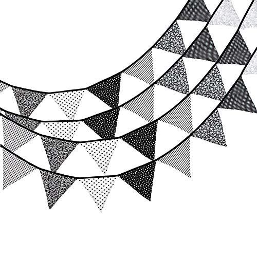 Lucky Shop1234 10.5 Feet Double Sided Cotton Fabric Triangle Pennant Vintage Flag Black and White Bunting Banner 12 Flags for Halloween Party Decor Baby Shower Birthday Decoration