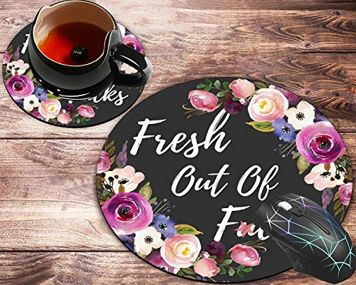 Round Mouse Pad and Coasters Set Watercolor Flowers Mousepad Non-Slip Rubber Round Mouse Pad Customized Mouse Mat for Working and Gaming