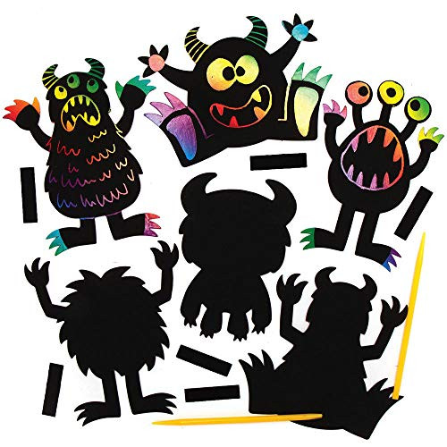 Baker Ross AX251 Scratch Art Monster Magnets - Pack of 10 Halloween Craft Set Ideal for Kids Arts and Crafts Educational Toys and Gifts for Children