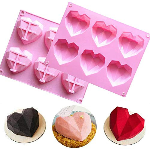 2Pcs 3D Diamond Silicone Heart Shaped Cake Mold Non-Stick Mousse Bread Bakeware Cake Pan Home Baking DIY -Pink-