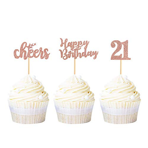 Ercadio 36 Pack 21th Happy Birthday Cupcake Toppers Rose Gold Glitter Cheers 21 Cupcake Picks Decorations for 21th Birthday Anniversary Celebrating Party Supplies