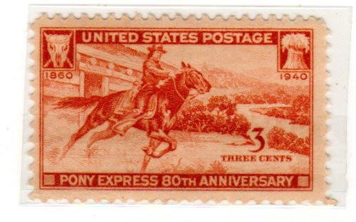 Postage Stamps United States. One Single 3 Cents Henna Brown Pony Express Rider Issue Stamp Dated 1940 Scott 894.