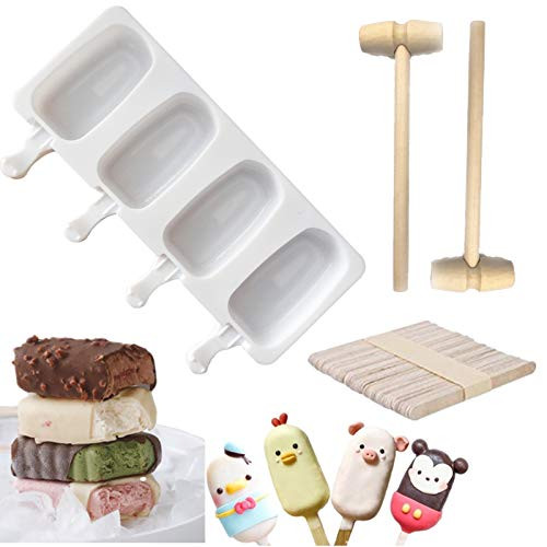 Popsicle Molds Homemade Silicone Ice Cake Pop Molds Oval 4 Cavities White Cakesicle Baking Molds with with 50 Wooden Plus2 Pieces Wooden Hammers Sticks for DIY Ice Cream Oval Popsicle Molds Homemade Silicone Ice Cake Pop Molds Oval 4 Cavities White Cakesicle Baking Molds with with 50 Wooden Plus2 Pieces Wooden Hammers Sticks for DIY Ice Cream Oval