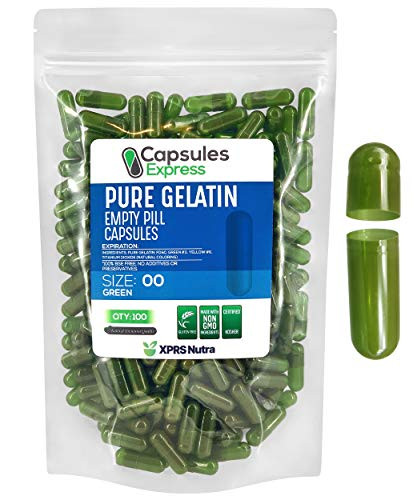 Capsules Express- Size 00 Green Empty Gelatin Capsules 100 Count - Kosher and Halal - Pure Gelatin Pill Capsule - DIY Powder Filling