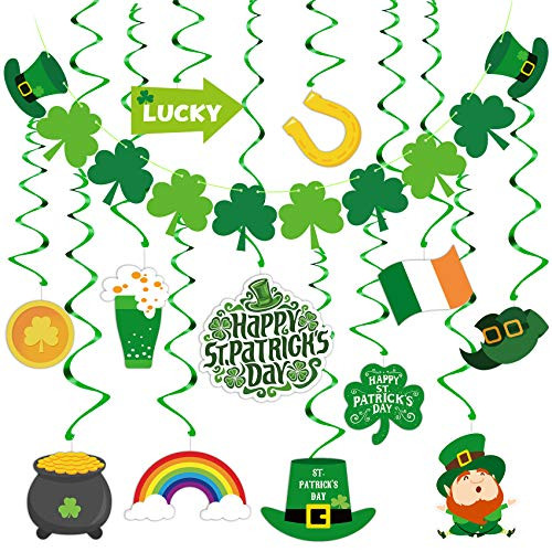 Joy Bang St Patricks Day Decorations Shamrock Ornaments Hanging Swirls Decorations with St Patricks Day Banner Lucky Irish Green Shamrock Party Decorations for Home Office