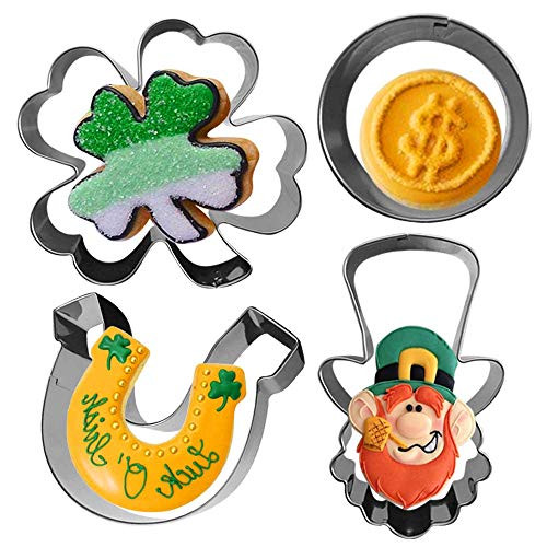 XGiGiX St. Patricks Day Cookie Cutter Set- 4 Pcs Large Stainless Steel Cookie Cutters Mold for Making Leprechaun Four Leaf Clover Gold Coin Horseshoe.
