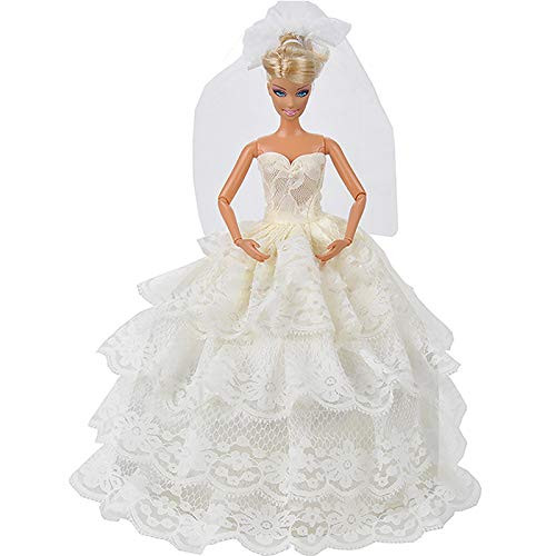 FUHUY Princess Ball Gown Elegant Layer Skirt Handmade Evening Party White Long Wedding Dress with Veil Doll Outfits Clothes for 11.5 Inch Girl Doll