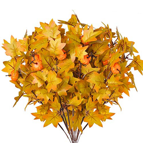 EREFAS Artificial Maple Leaves Branches with Pumpkins 12Pcs Fall Autumn Leaf Stems Thanksgiving Plants for Home Kitchen Table Centerpieces Festival Decoration Red