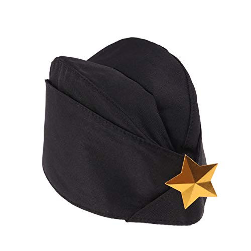 Kisangel Black Military Side Cap Soviet Hat Stewardess Wheat Airline Beret Hat Pilotka Russian Army Hat with Golden Star for Christmas Carnival Cosplay Party Supplies