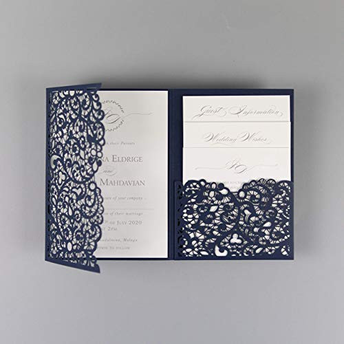 PRE-PRINTED SAMPLE of DIY Laser Cut Navy Blue Wedding Invitations with Envelopes Elegant Pocket with 4 Inserts Main Day RSVP Evening