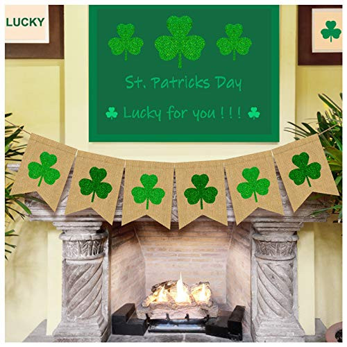 Glitter Shamrock Garland Banner NO DIY St. Patrick s Day Burlap Banner Decorations Lucky Clover Green Irish Garland Banner Irish Day Celebration Supplies for Home Office Decor
