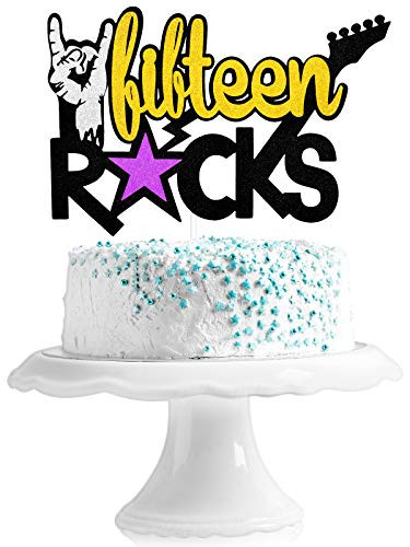 Fifteen Rocks Birthday Cake Topper - Rock and Roll Music Theme Party Glitter Guitar Cake Decor - Rock On 15th Birthday Party Decoration