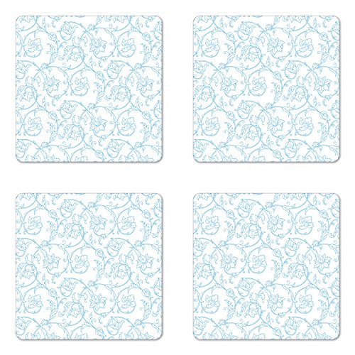 Ambesonne Floral Coaster Set of Four, Flower Orchids Bohemian Style Vintage Petals Vines Pattern French Country Style, Square Hardboard Gloss Coasters for Drinks, Blue White