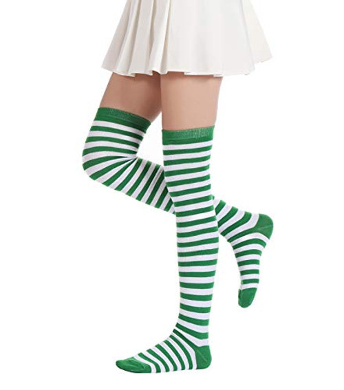 Warm Over Knee Striped Socks Long Thigh High Socks Knit Stocking Socks St.Patricks Day For Women Girls-Green White-