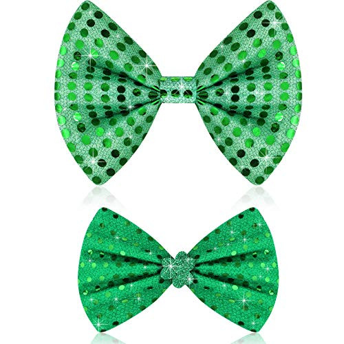 2 Pieces St. Patricks Day Bow Tie Green Sequined Bow Ties Pre-Tied St. Patricks Day Costume Accessories for Mardi Gras Party Prom Theater Performances for Adults Teens Pets
