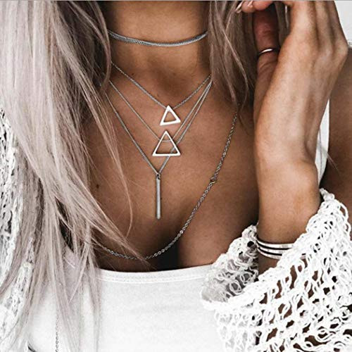 Fstrend Gypsy Layered Necklace Dainty Triangle Chain Pendant Sandbeach Necklaces Jewelry for Women and Girls-Silver- Fstrend Gypsy Layered Necklace Dainty Triangle Chain Pendant Sandbeach Necklaces Jewelry for Women and Girls-Silver-