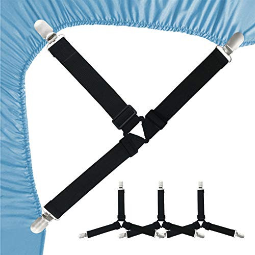 Bed Sheet Fasteners 4PCS Bed Sheet Holder Straps Adjustable Triangle Non-Slip Elastic Mattress Clips Keeping Sheets in Place with Heavy Duty Suspenders Grippers for Bedding Sheets Sofa Cushion