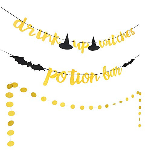 Halloween Banner Gold Glittery Potion Bar Banner Drink Up Witches Banner and Circle Dots Garland for Halloween Party Home Decoration Supplies