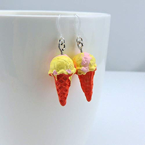 Ice Cream Cone Dangle Earrings on Clear Plastic Hooks for Metal Sensitive Ears
