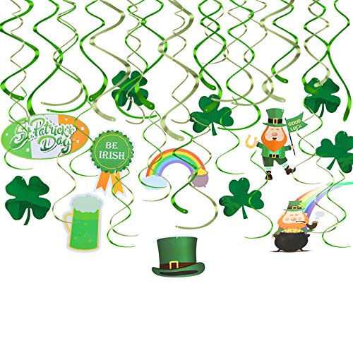Lorvain St Patricks Day Hanging Swirl Decorations 30 Pcs St Patricks Day Irish Party Decor Green Yellow Shamrock Clover Accessories for St Patrick Party Home Party Favors Supplies