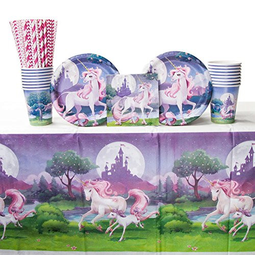 Unicorn Fantasy Party Supplies Pack for 16 Guests Includes: Straws, Dessert Plates, Beverage Napkins, Cups, and Tablecover (Bundle for 16)