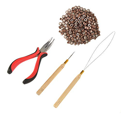 Hair Extension Tools Kit  Pliers - Pulling Hook - Bead Device Tools Kit with 200 Pieces 5mm Silicone Lined Micro Rings -200Pcs Brown Beads-