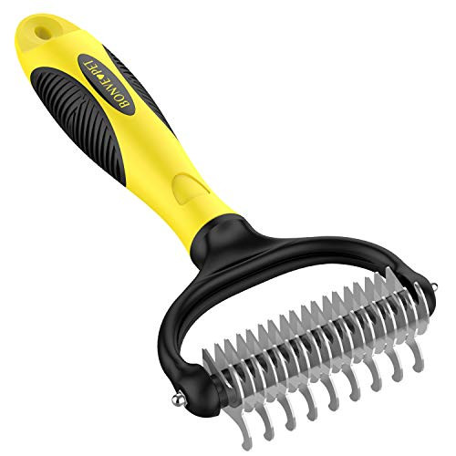 Pet Grooming Tool - 2 Sided Undercoat Rake for Cats  and  Dogs - Safe Dematting Comb for Easy Removing Mats Tangles and Shedding -Yellow-
