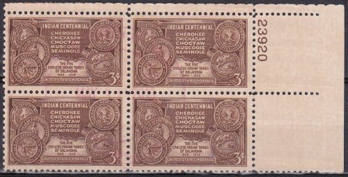 1948 USA Postage Stamps Block of 4 Stamps Set 3c Dark Brown Indian Centennial Issue Rotary Press Printing - Perf. 11 X 10 ½ Scott 972 - 1948