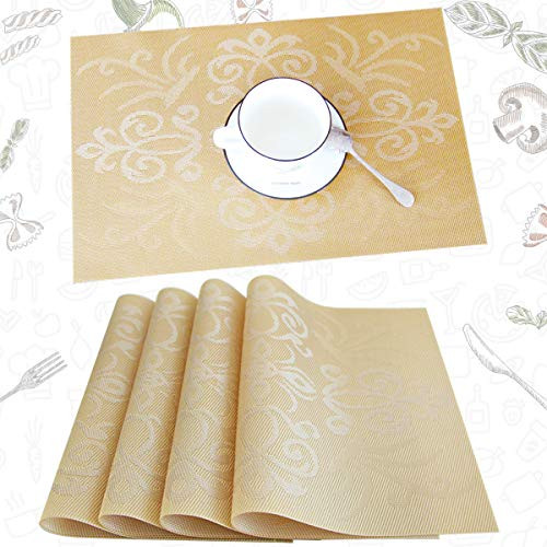 profurni Placemats for Dining Table Kitchen Table Mats Set of 4 Washable PVC Heat Resistant Place Mats Stain Resistant Non-Slip Placemat for Hotel OfficeGold