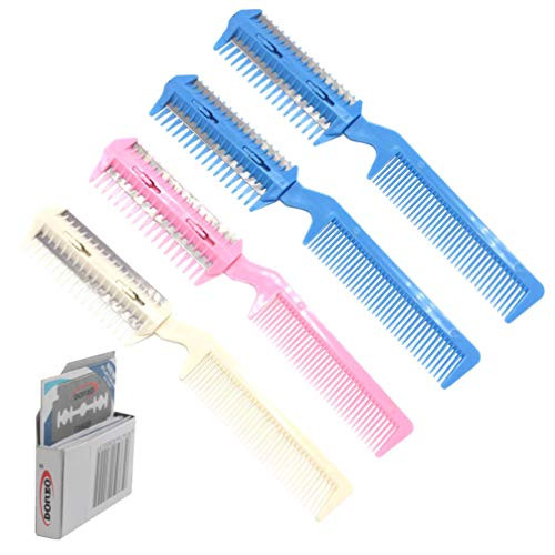 Minkissy Hair Cutter Comb 4 Pieces Razor Comb with 10 Pieces Razors Dual Side Cutting Scissors For Thin  and  Thick Hair Cutting and Styling