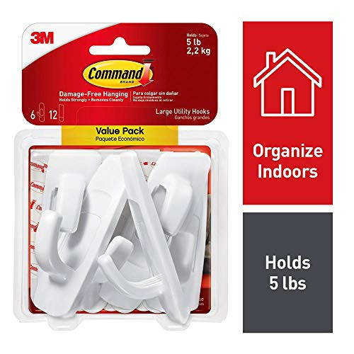 Command Large White Utility Hook Value Pack -6 Hooks 12 Strips- holds up to 5 pounds Command Large White Utility Hook Value Pack -6 Hooks 12 Strips- holds up to 5 pounds