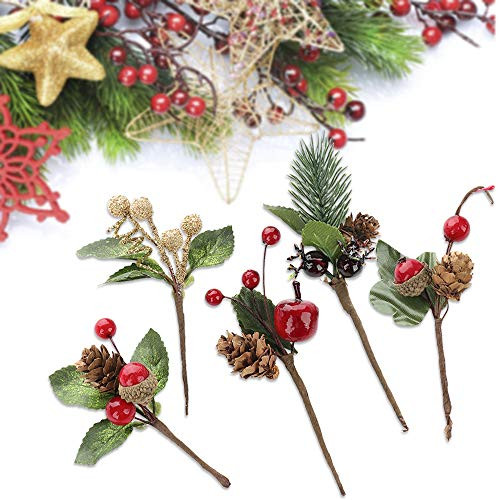 UHBGT 20 Pcs Artificial Pine Picks Red Berry Stems Pine Branches Mini Artificial Holly Red Berry Pine Cone Picks for Christmas Holiday Decor Crafts Gifts
