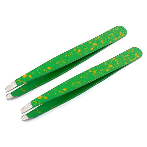 DDP Slant Tweezers Stainless Steel Precision Tweezers for Ingrown Hair Eyebrow and Hair Remover 2 Pieces -Green  and  Yellow-