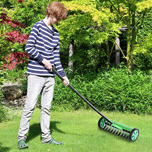 Garden Lawn Aerator with Fender Manual Roller Rolling Lawn Aerator Rolling Lawn Aerator Soil Garden Yard Aeration with Tine Spike Improved Handle Design Heavy Duty 44.29in Handle-Green-
